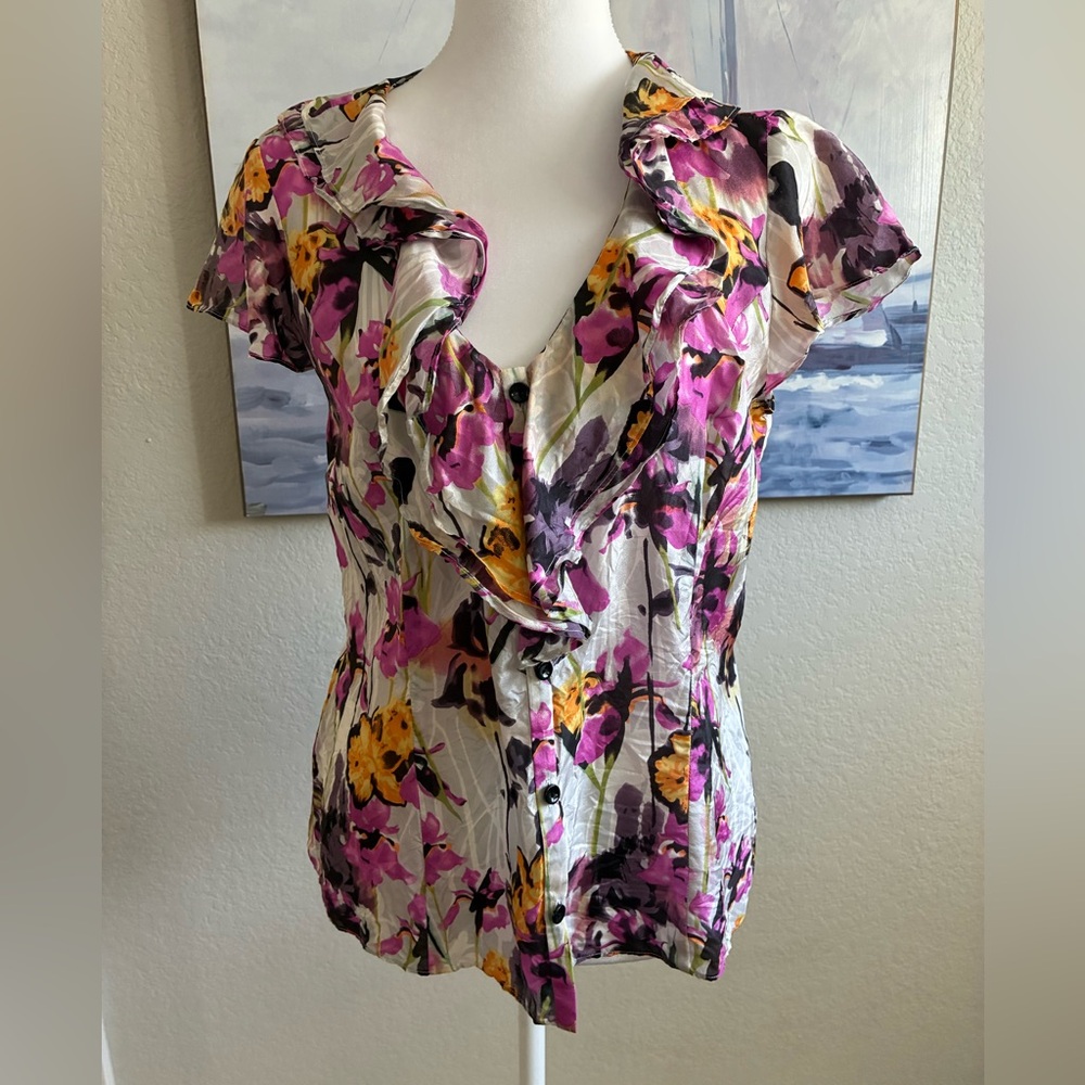 Zoa New York Silk Floral Ruffle Button Down Blouse